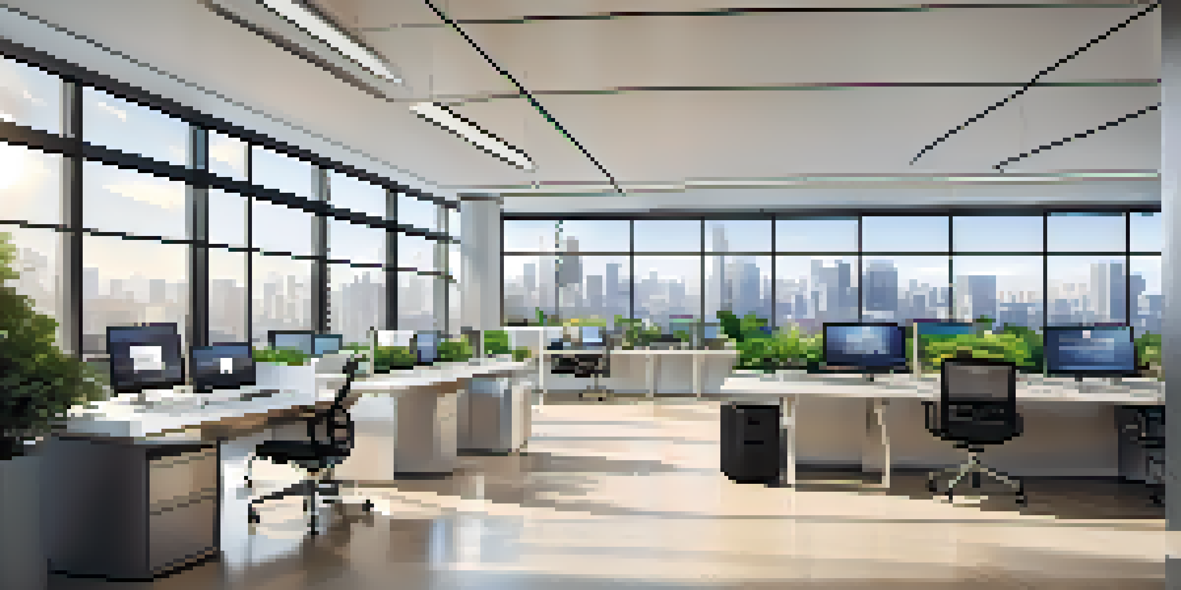 A modern office with multiple screens showing a cloud-based software interface, plants, and a city skyline outside the window.