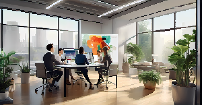 A diverse group of professionals collaborating in a modern office with a digital asset management interface on the screen.