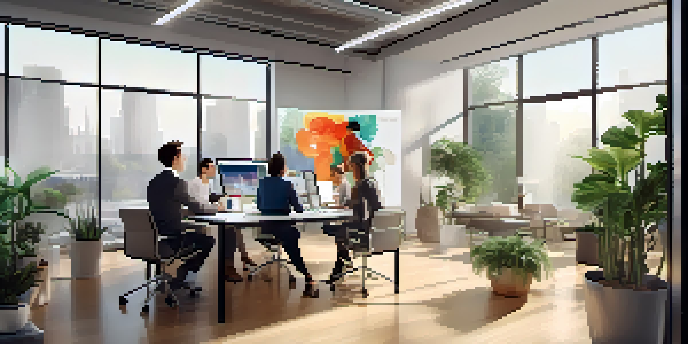 A diverse group of professionals collaborating in a modern office with a digital asset management interface on the screen.