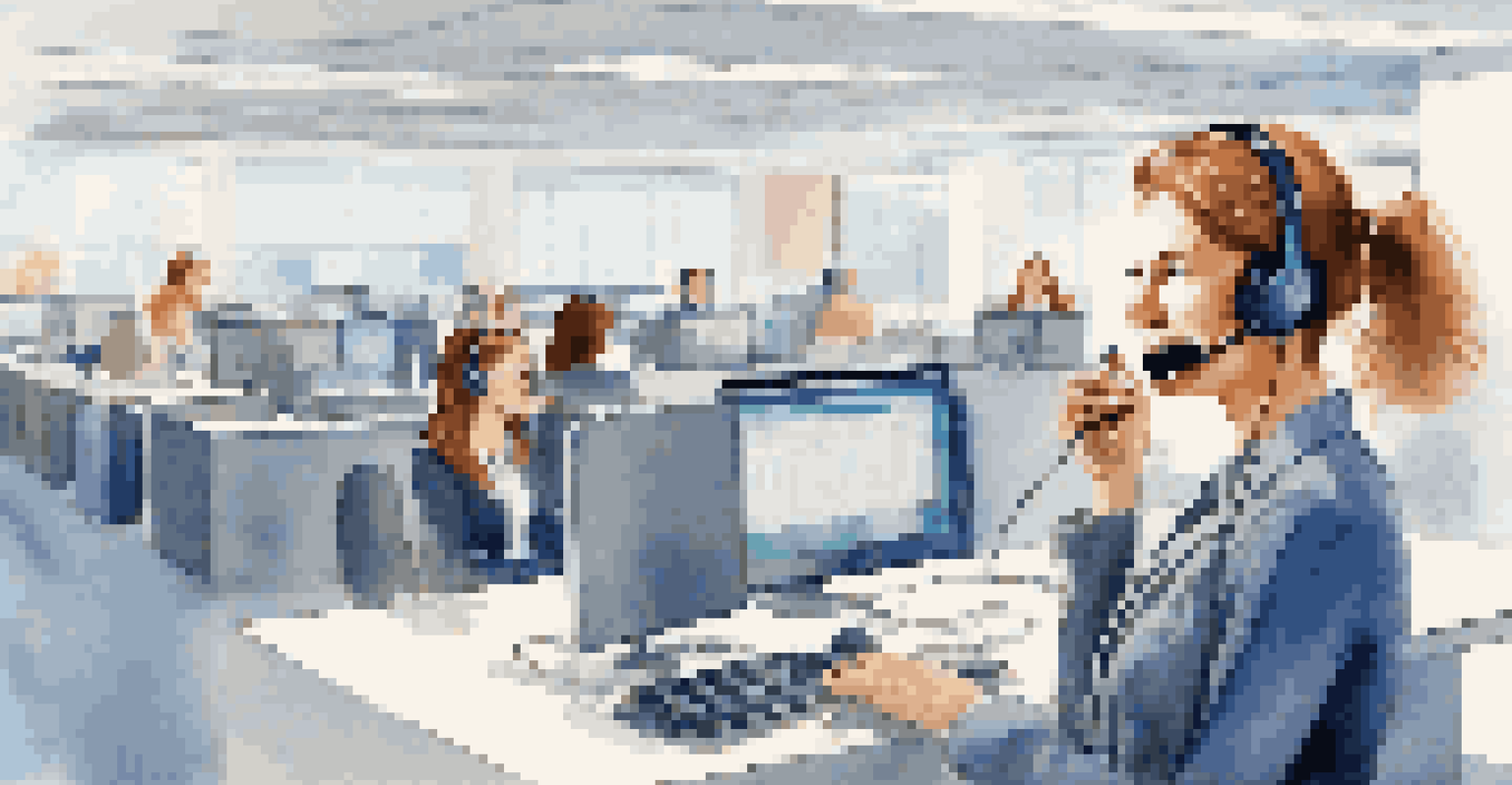 A customer service representative in a call center talking on a headset, surrounded by coworkers.