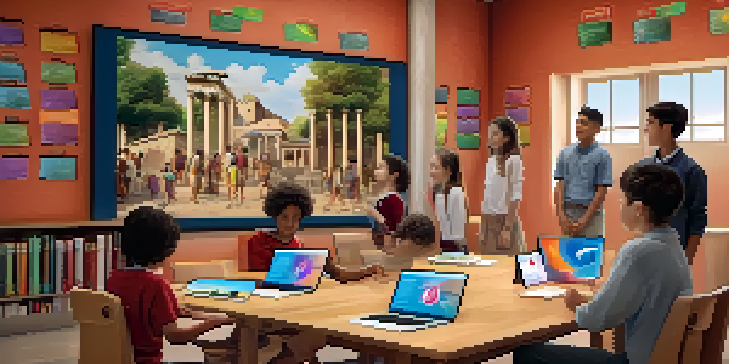 Students in a classroom using smartphones to interact with a 3D hologram of an ancient Roman structure, surrounded by educational posters.