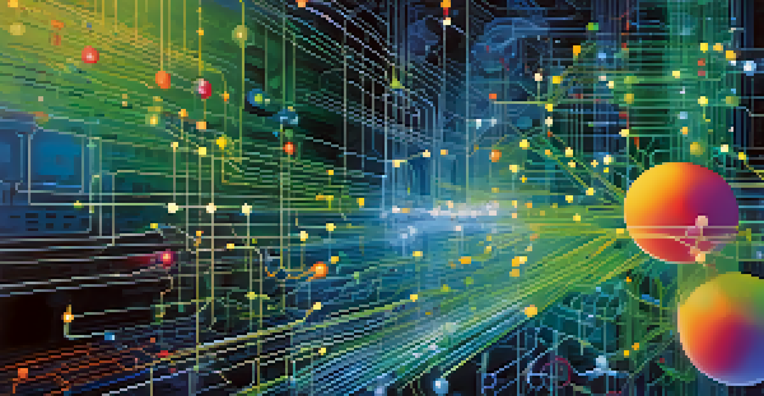 An abstract digital landscape representing AI and machine learning in software testing, with interconnected nodes and circuits.