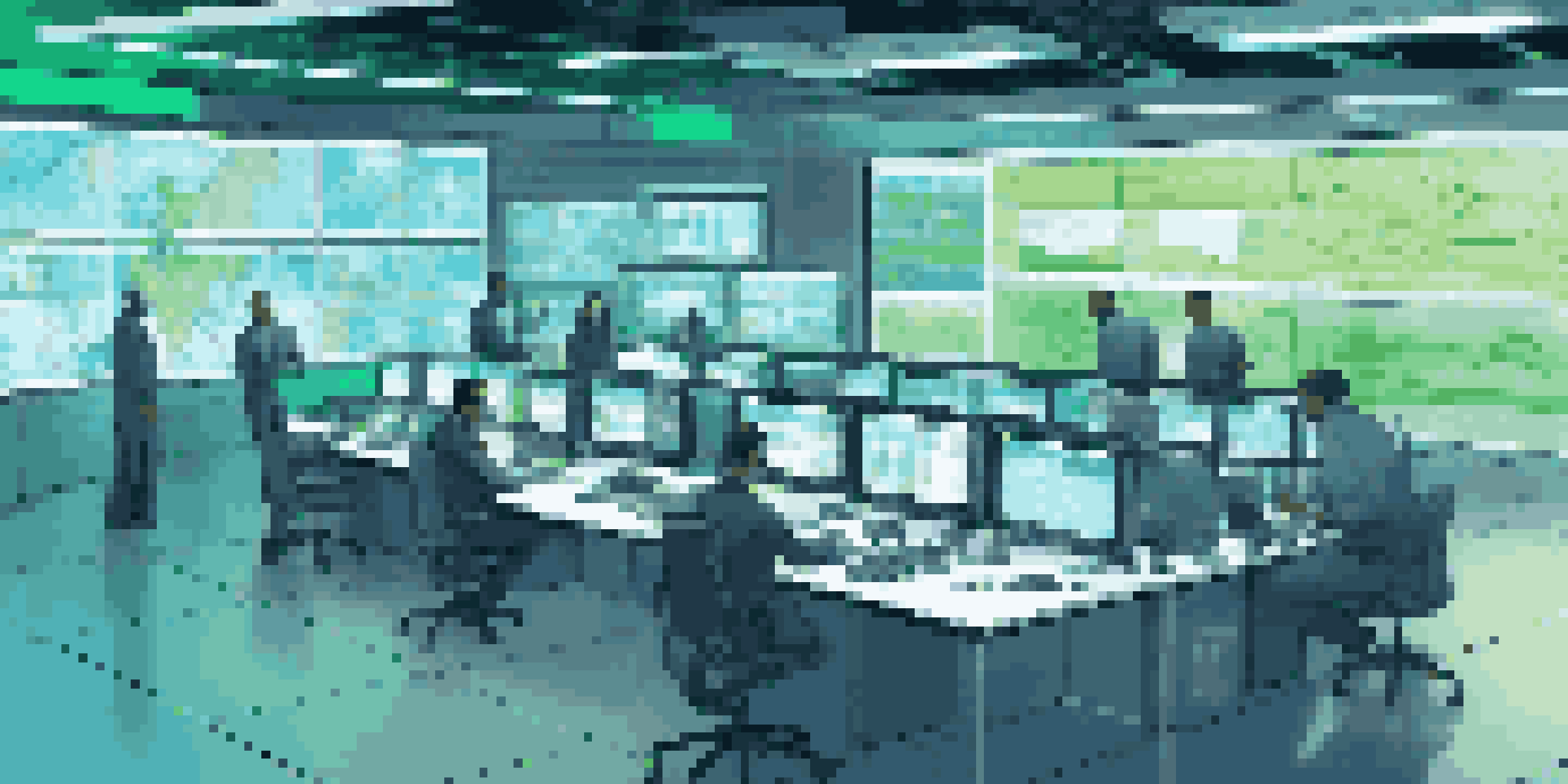A modern control room with employees analyzing data on screens and discussing strategies, illuminated in blue and green lights.