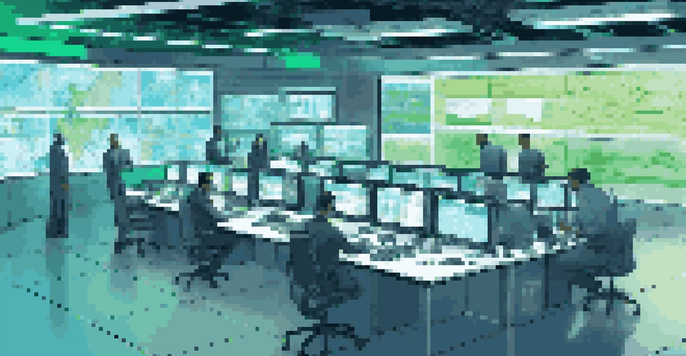 A modern control room with employees analyzing data on screens and discussing strategies, illuminated in blue and green lights.