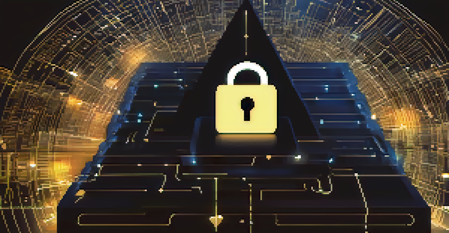 An artistic depiction of security features in a low-code platform, represented as a digital fortress with a lock.