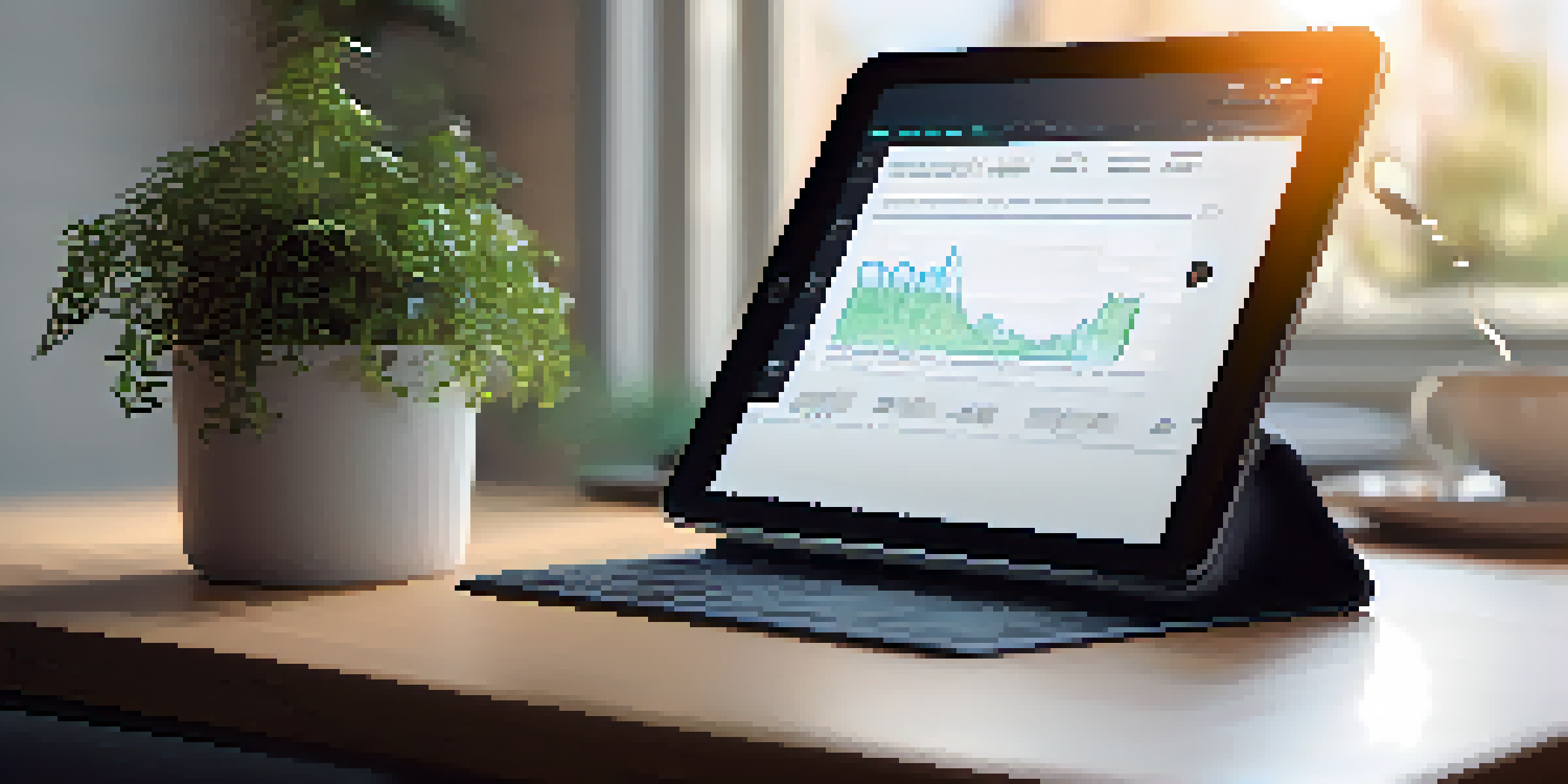 A close-up of a smart contract interface on a tablet, set in a bright workspace with a cup of coffee and a plant.