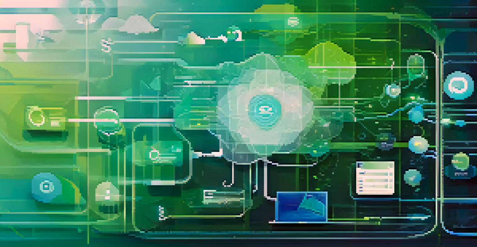 An abstract depiction of SaaS customization trends with flowing data points and low-code platform icons in a blue and green background.