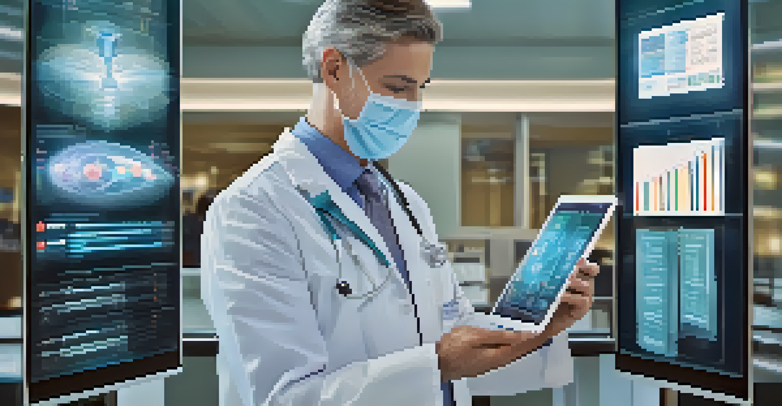 A medical professional in a modern clinic reviewing health data on a tablet, with a virtual interface displaying metrics in the air.