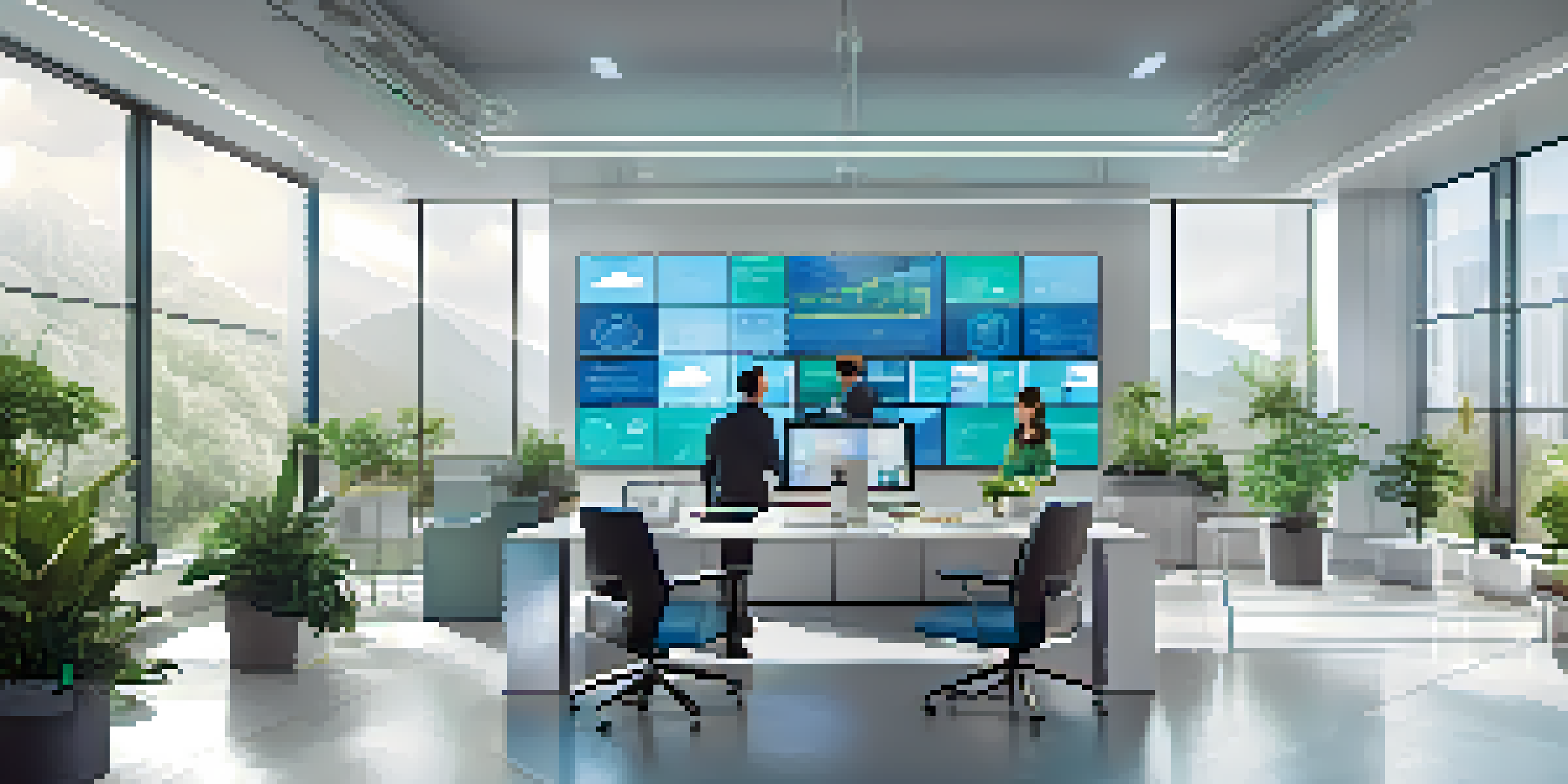 A modern office with professionals working together around a digital screen showing cloud security data, bright and well-lit with plants and large windows.