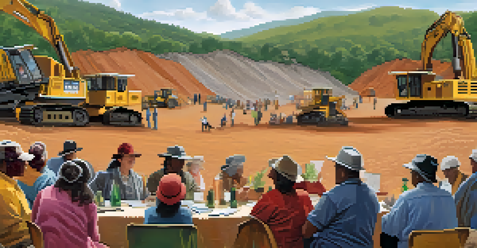 Community engagement meeting at a mining site with diverse stakeholders discussing sustainable practices.
