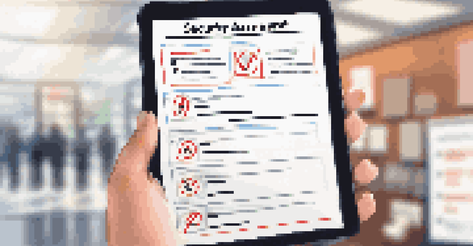 A close-up of a hand holding a tablet with a checklist for vendor assessment in an office setting.