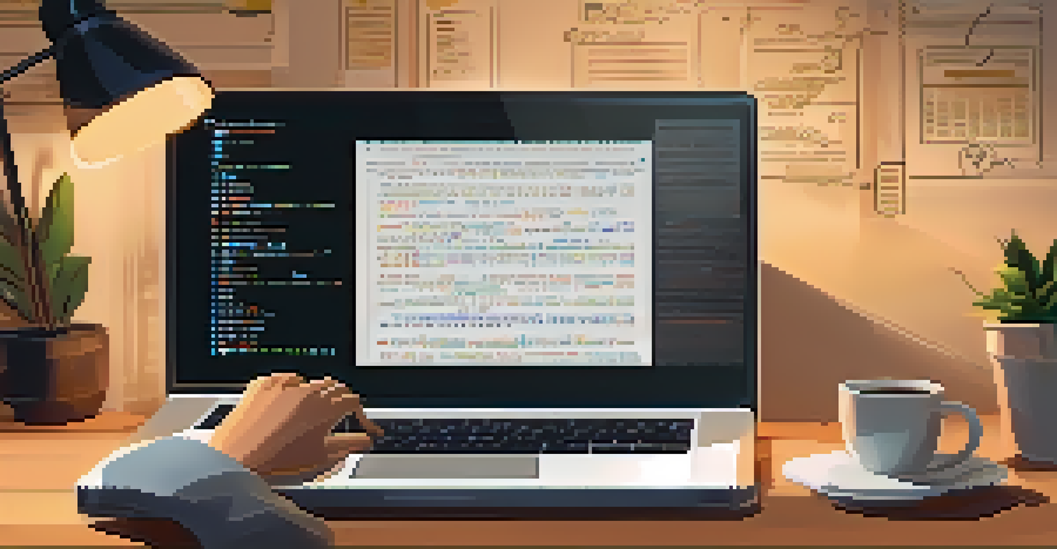 A close-up of a developer's hands typing on a laptop with code, surrounded by notes and coffee in a warm, cozy home office.