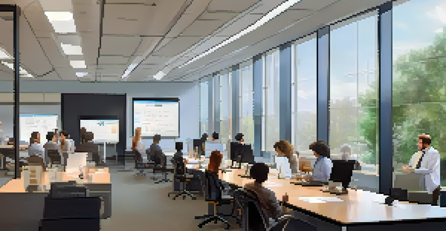 An engaged employee receiving cybersecurity training in a bright office, with a projector displaying best practices and colleagues taking notes.