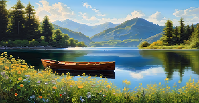 A peaceful lake scene with mountains, a wooden boat, and colorful wildflowers under a sunny sky.