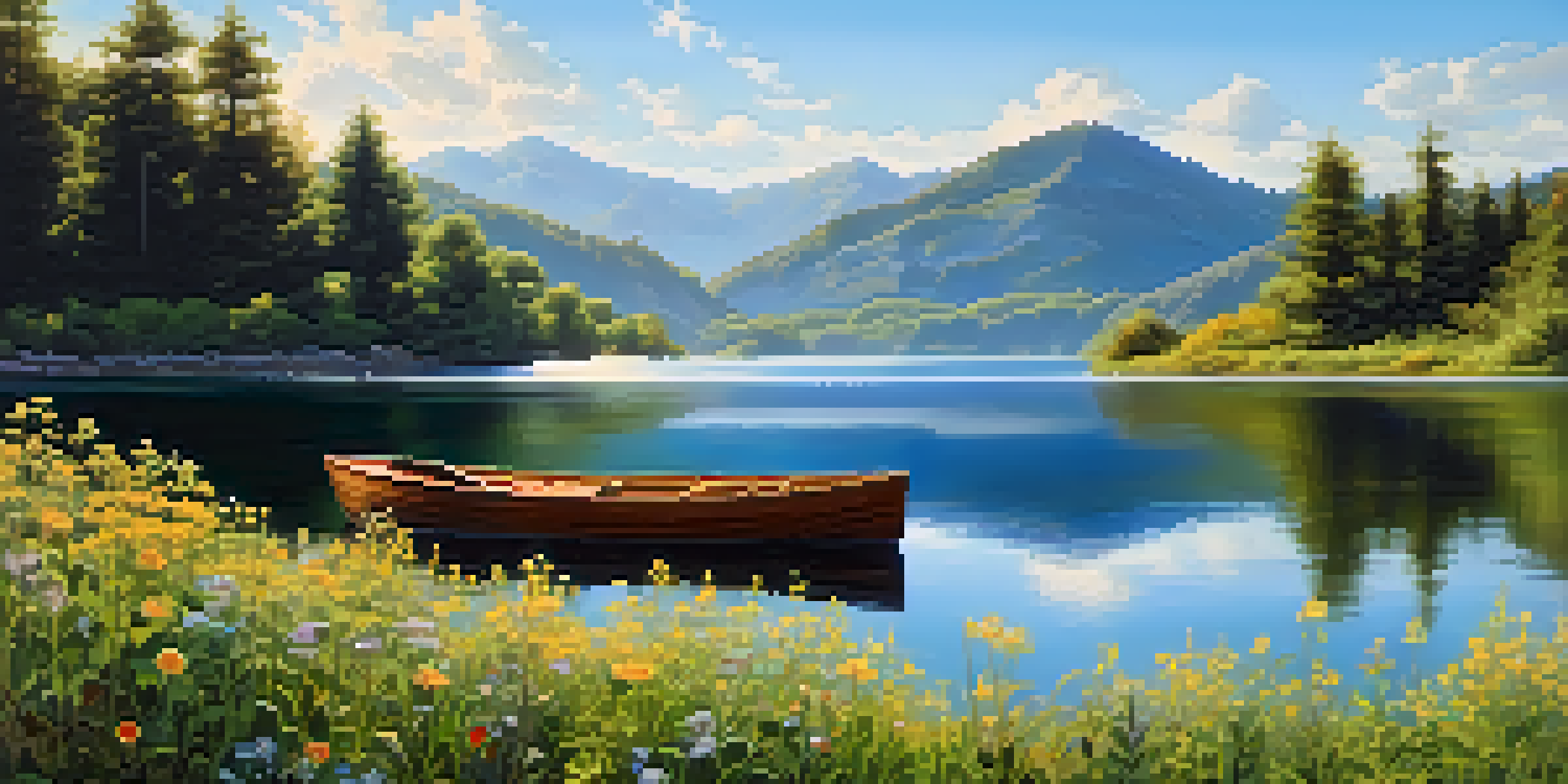 A peaceful lake scene with mountains, a wooden boat, and colorful wildflowers under a sunny sky.