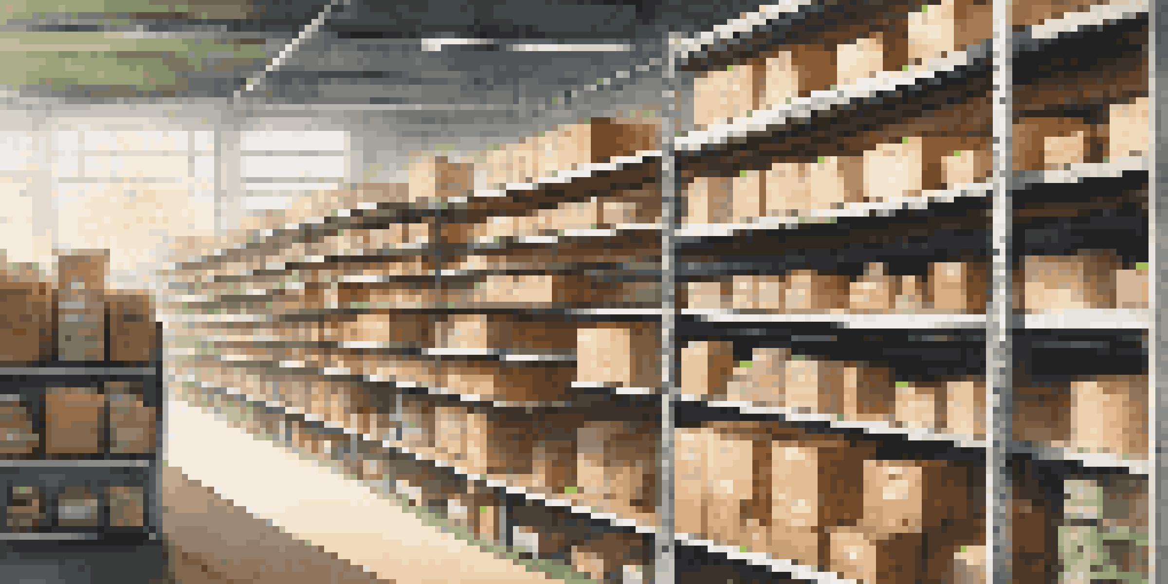 A bright modern warehouse with shelves of products and a smart sensor device showing inventory data.