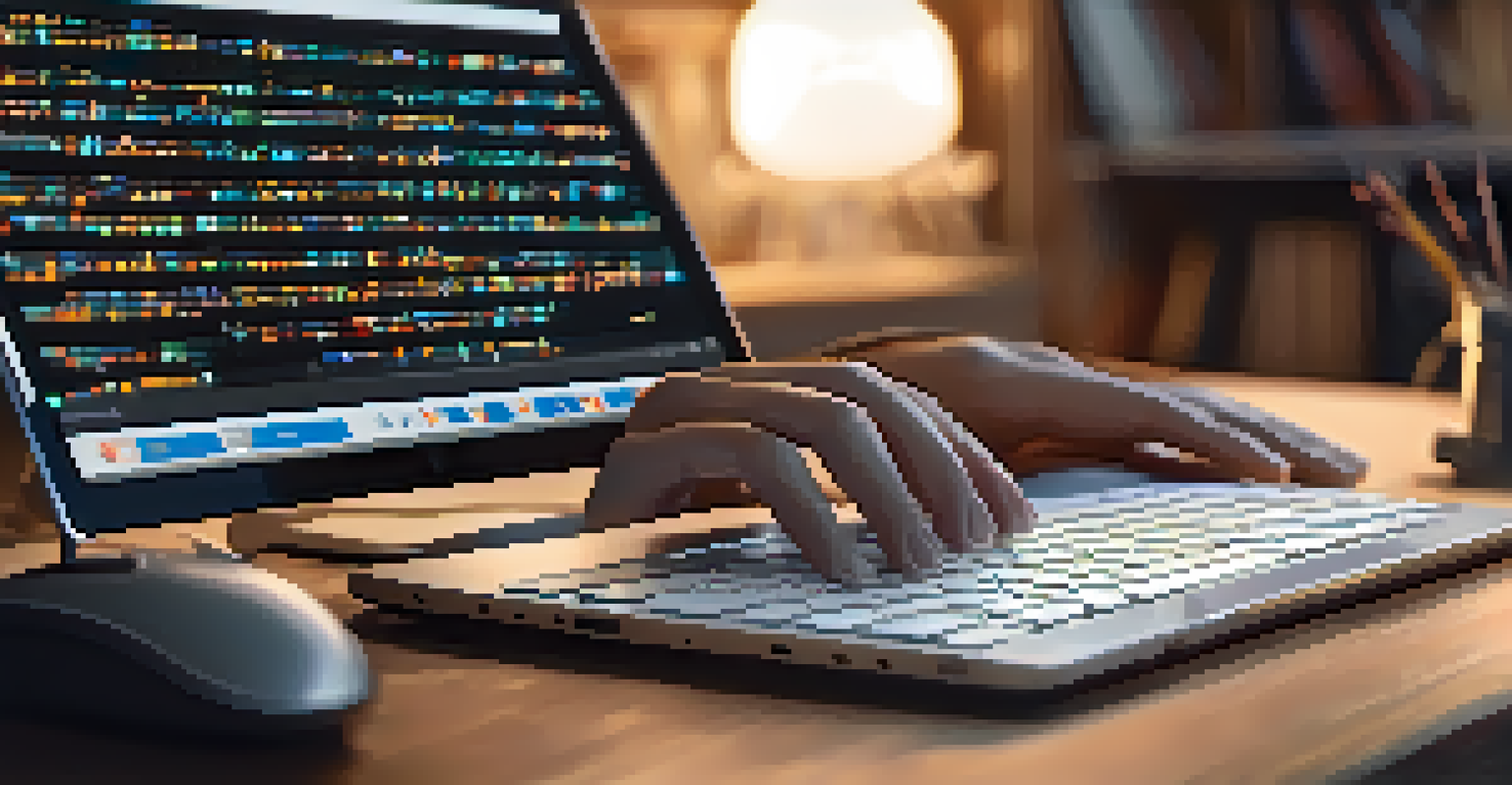 Close-up of hands typing on a laptop in a cozy home office, with code visible on the screen and bookshelves in the background.