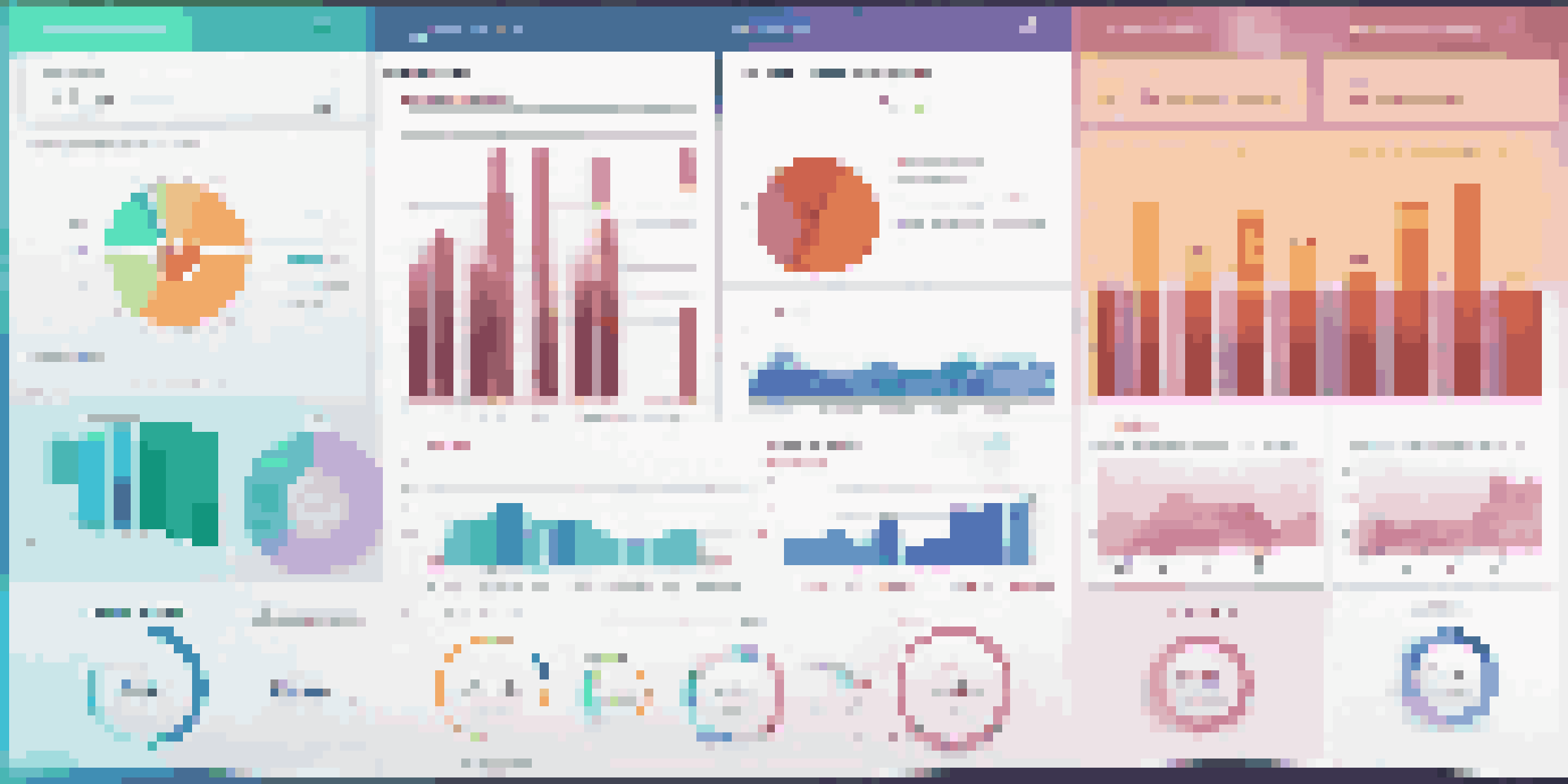 A data visualization dashboard with colorful bar charts, line graphs, and pie charts in a soft-lit office setting.