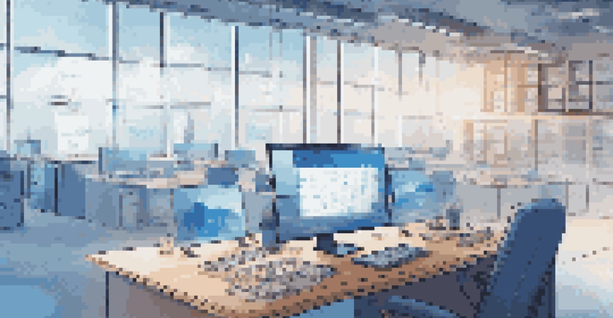 A modern office workspace with a laptop displaying code, surrounded by cloud icons and digital network visuals, illuminated by soft natural light.