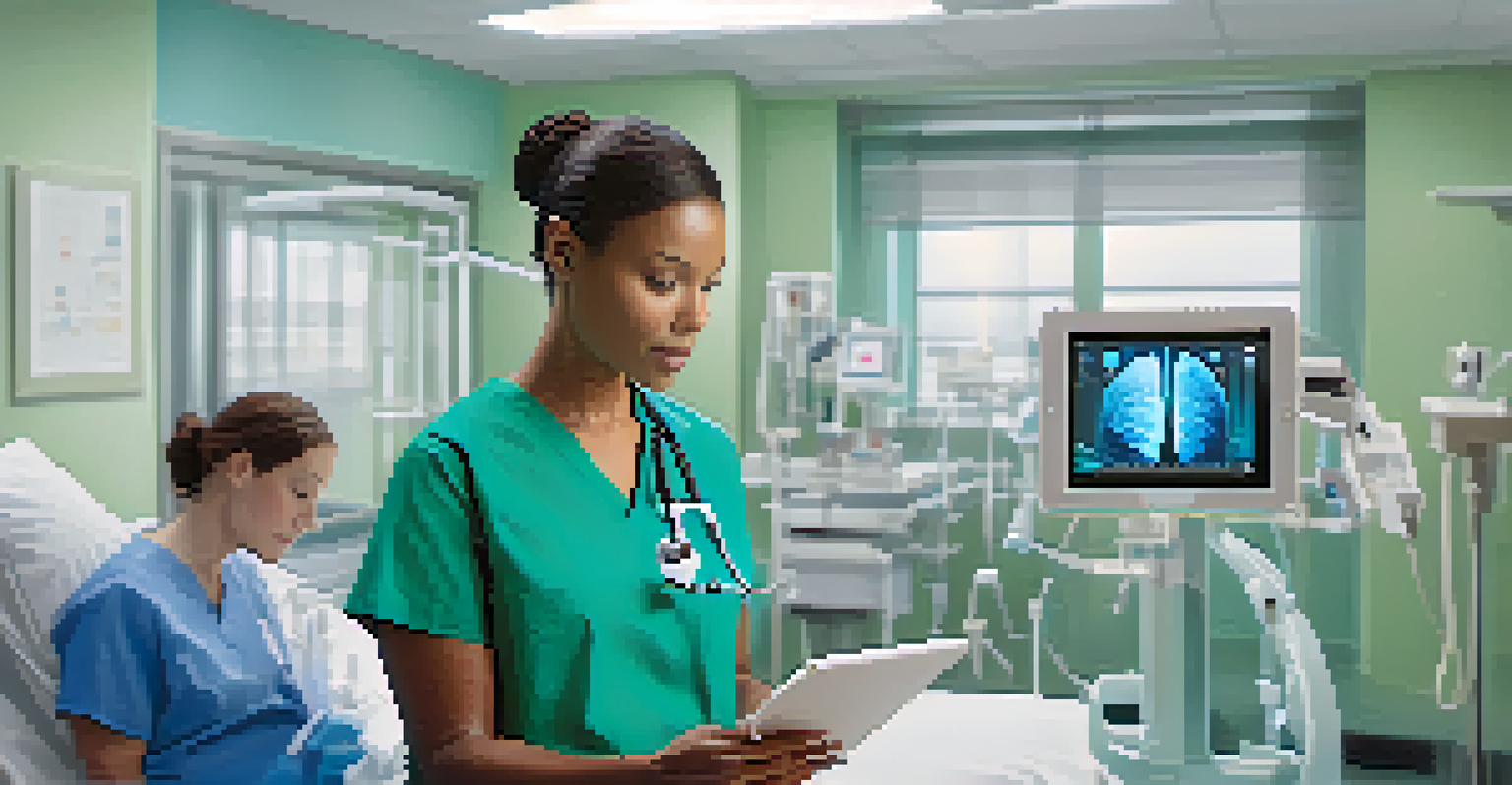 A healthcare professional analyzing patient data on a tablet in a well-lit hospital room, emphasizing technology in healthcare.