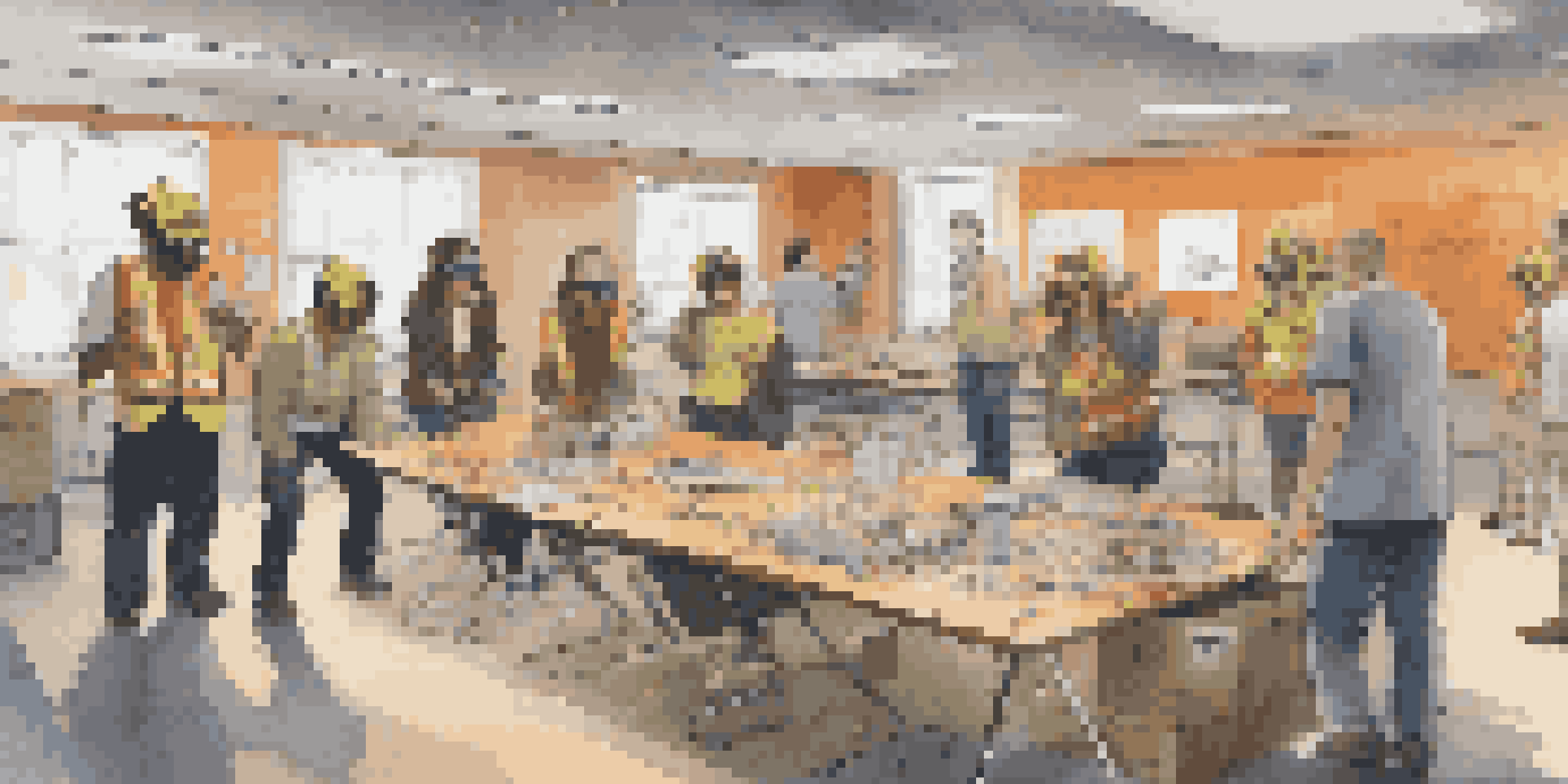 A diverse group of people wearing augmented reality glasses in a workshop, practicing emergency responses in a simulated earthquake environment.