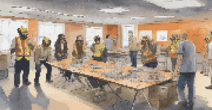 A diverse group of people wearing augmented reality glasses in a workshop, practicing emergency responses in a simulated earthquake environment.