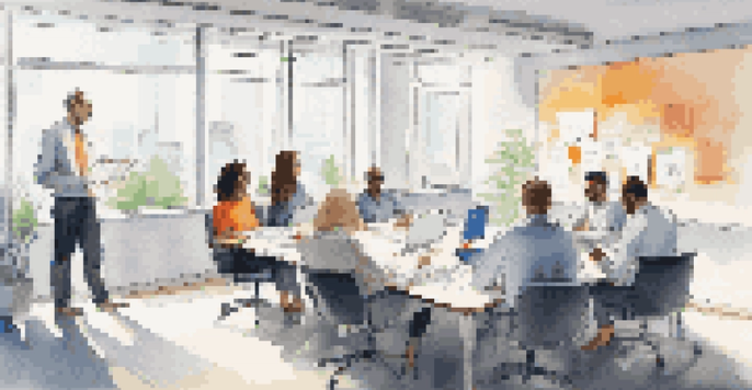 A diverse team of employees in a bright office meeting about privacy audits, with laptops, documents, and a whiteboard in the background.