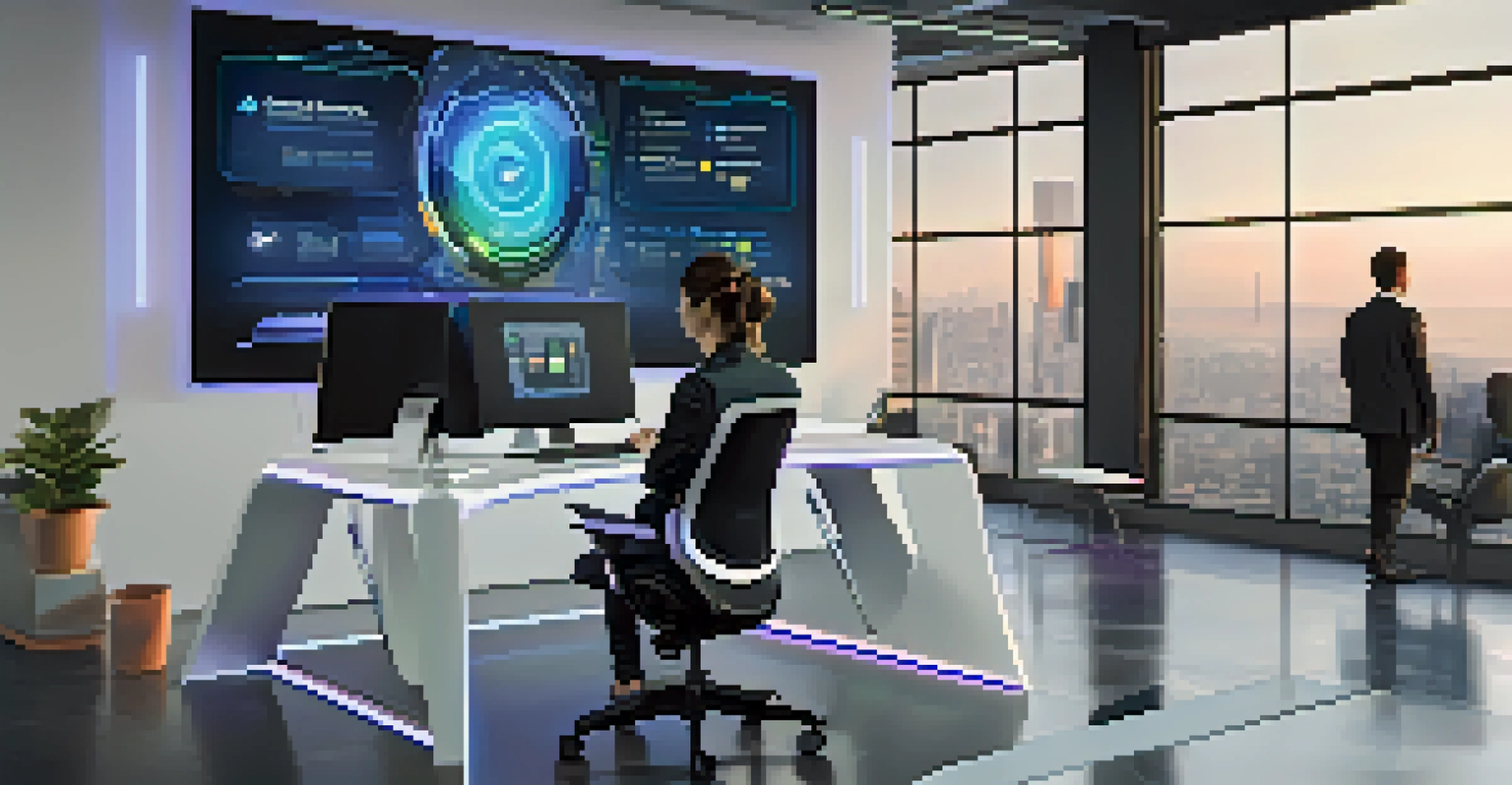 A modern office with a user interacting with an AI personal assistant on a large screen, showcasing a sleek and productive environment.