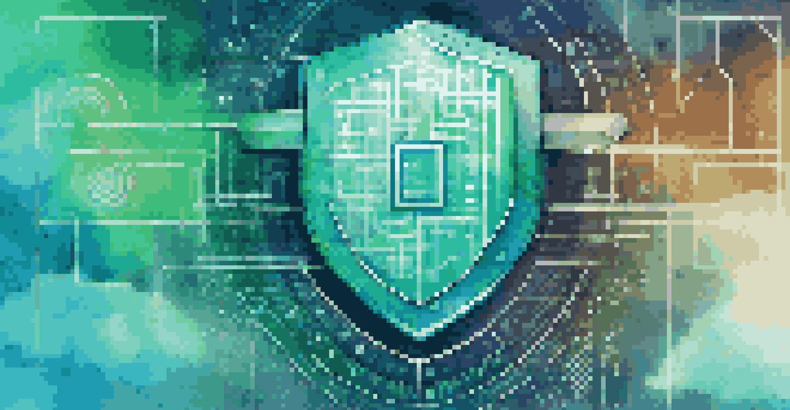 An abstract visualization of cloud security with a cloud, shield symbol, digital locks, and binary code.