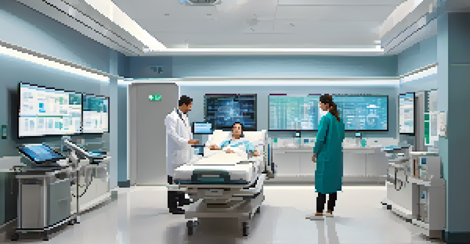 A healthcare digital twin showcasing a hospital with digital patient data and management systems.