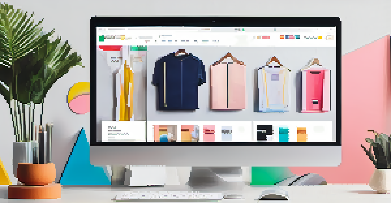 An e-commerce setup with a computer screen displaying a colorful online store and marketing materials around it.