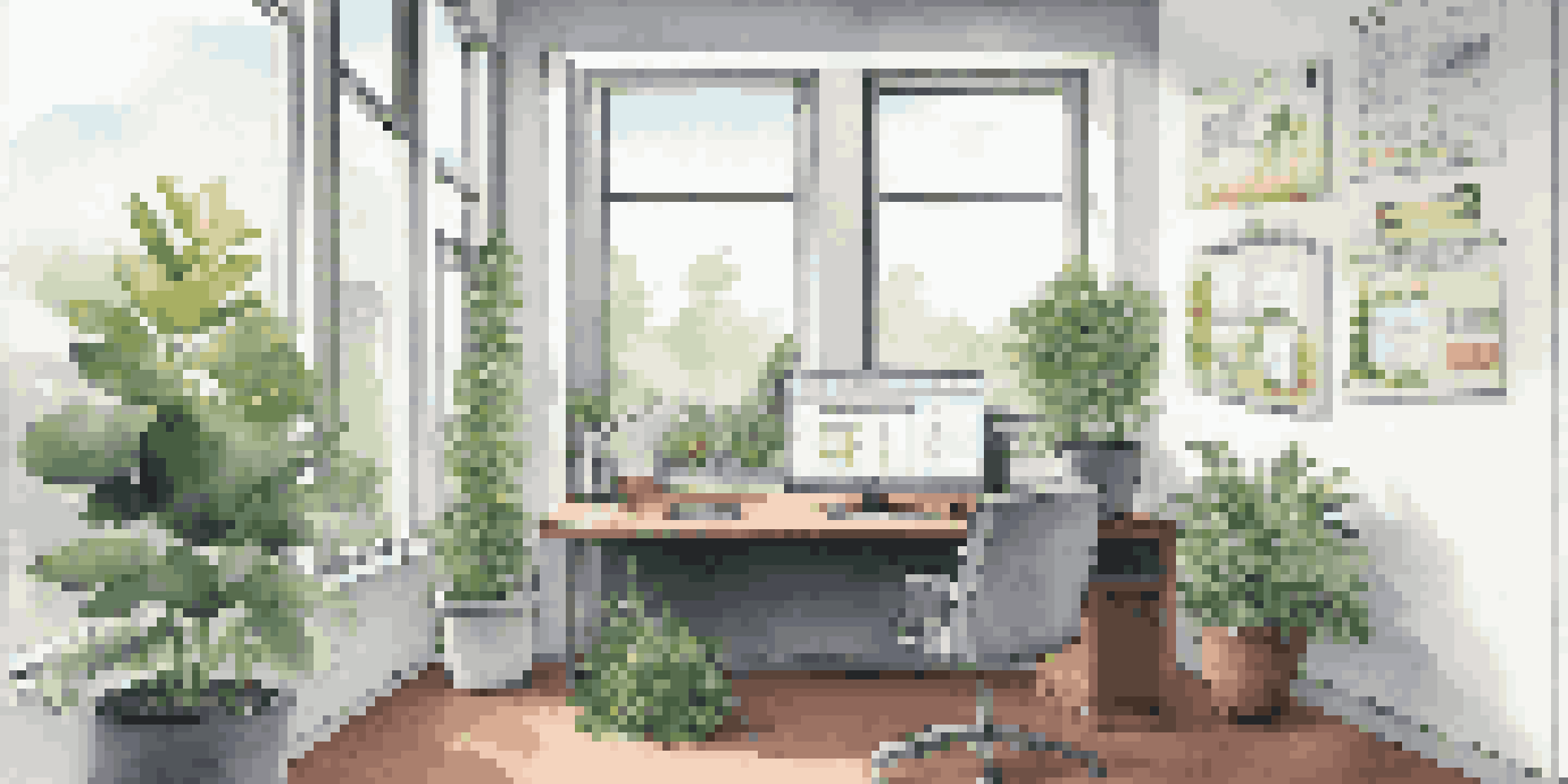 A bright office space with a desk and laptop displaying data analysis, motivational posters on the walls, and a plant in the corner.