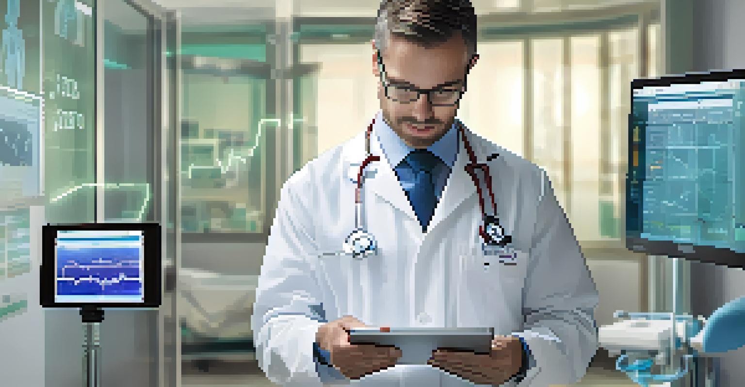 A healthcare professional using a tablet to analyze patient data in a bright hospital room filled with modern medical equipment.