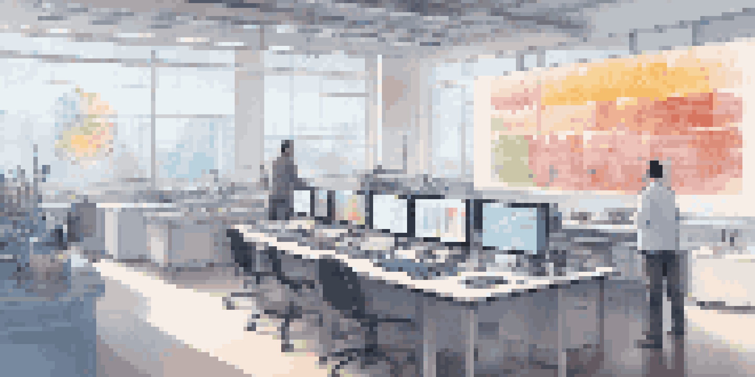 A researcher in a lab looking at colorful AI algorithm visualizations on a screen, with sunlight streaming through the windows.