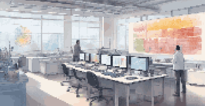 A researcher in a lab looking at colorful AI algorithm visualizations on a screen, with sunlight streaming through the windows.