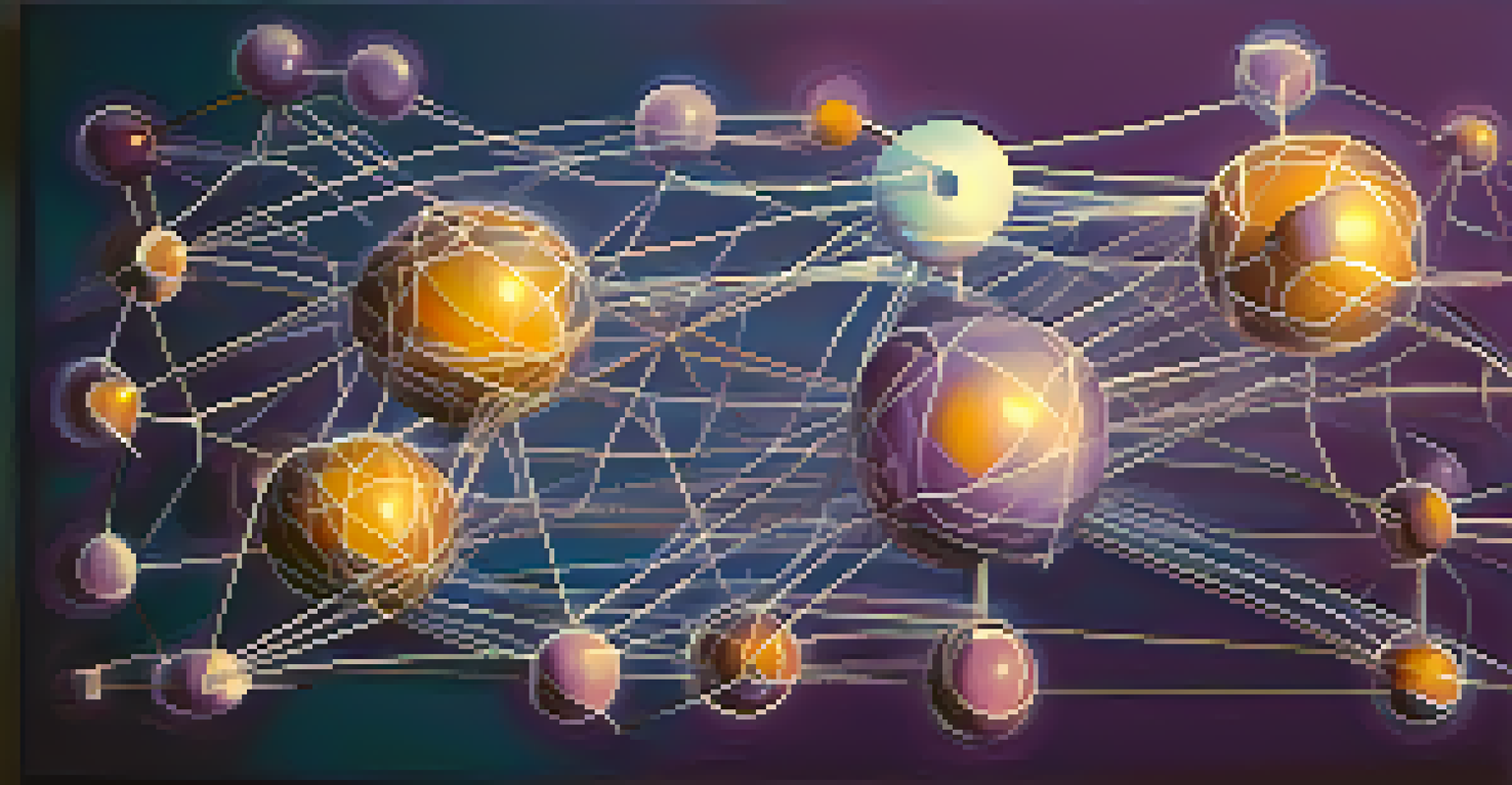 An abstract image of interconnected nodes representing knowledge sharing, set against a gradient background of blue and purple hues.