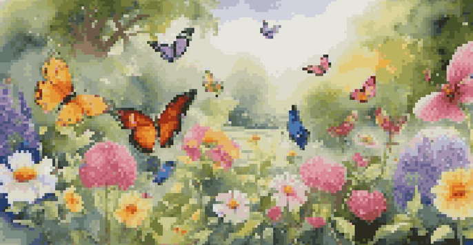 A colorful garden filled with blooming flowers under soft morning sunlight, with bees and butterflies present.