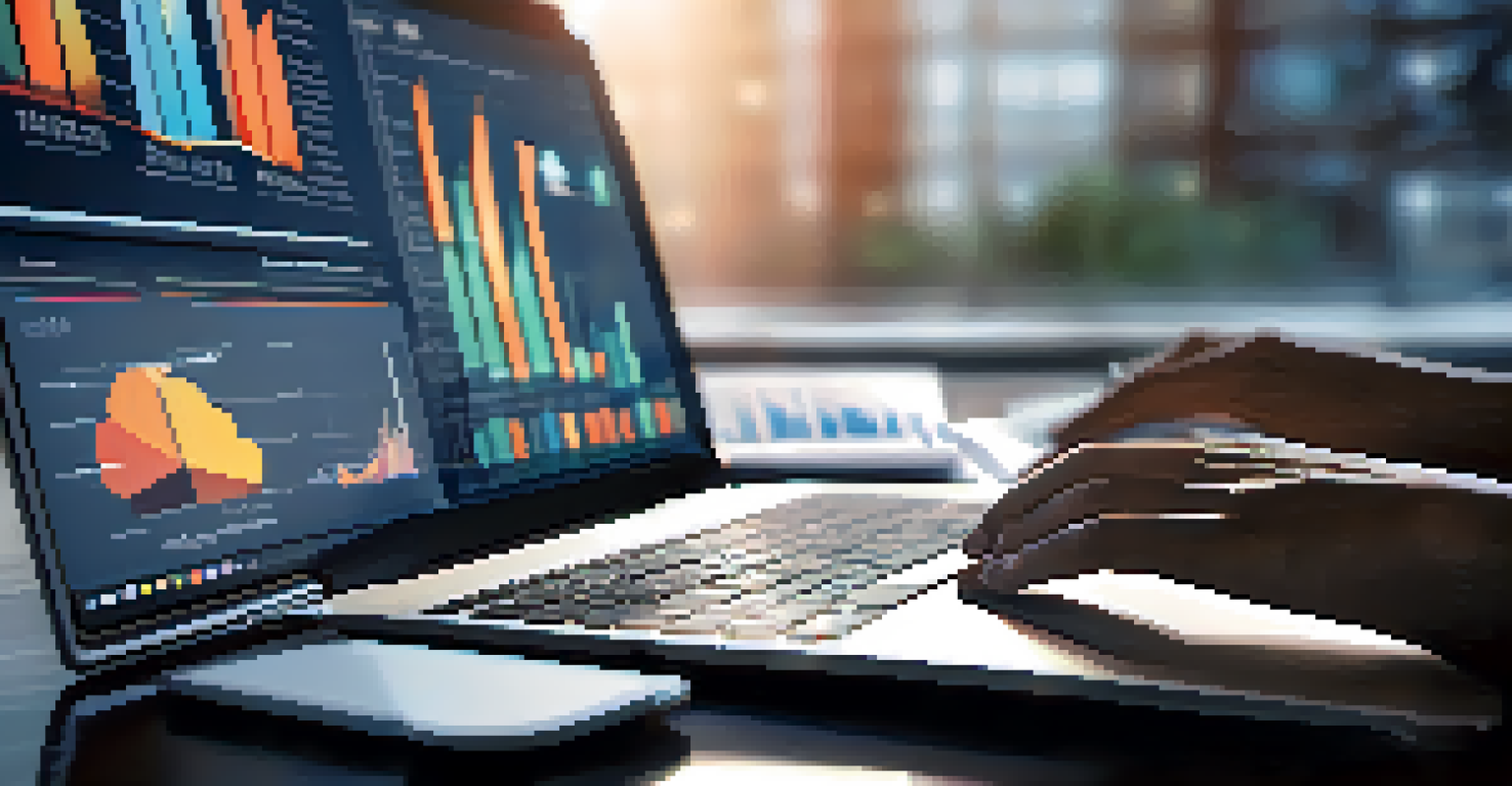 Close-up of hands typing on a laptop with visual overlays of analytical data in a blurred office setting.