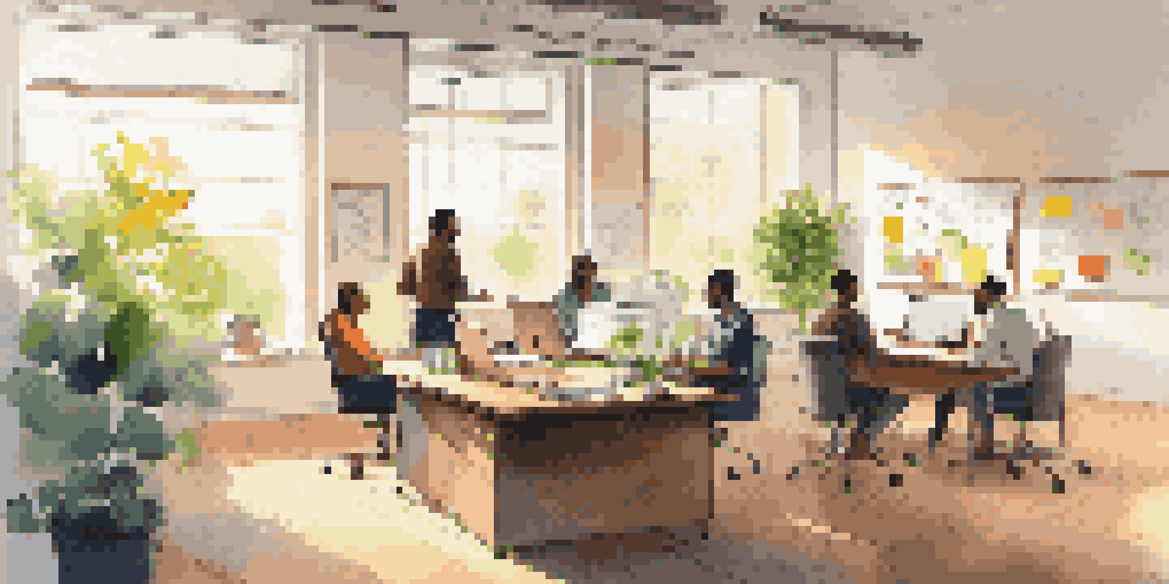 A bright and modern office workspace with a desk, laptop, sticky notes, and a potted plant, while a team collaborates around a whiteboard.