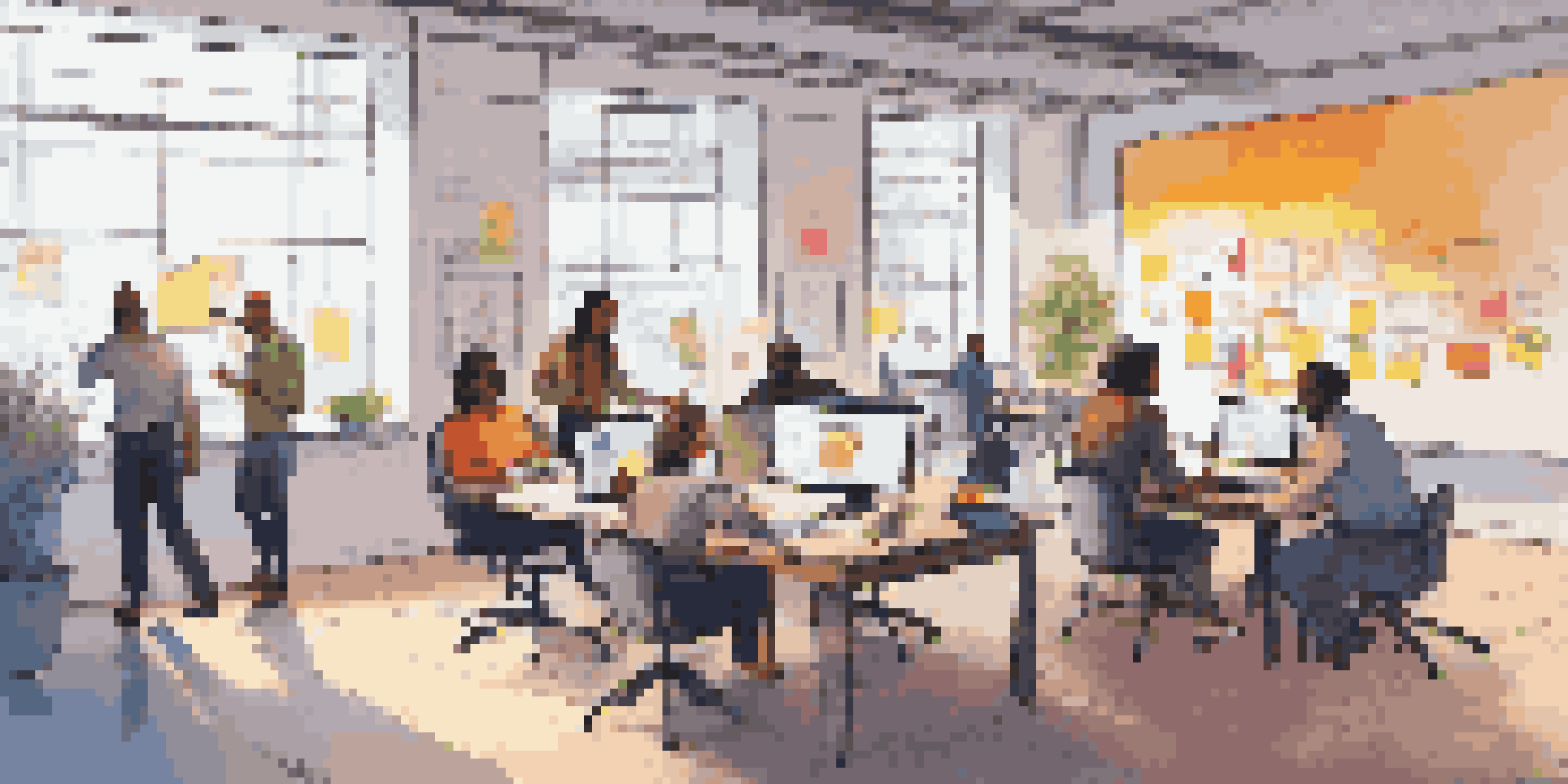 A diverse group of professionals collaborating in a bright workspace, with colorful post-it notes and a whiteboard filled with ideas.