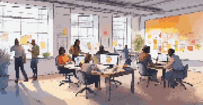 A diverse group of professionals collaborating in a bright workspace, with colorful post-it notes and a whiteboard filled with ideas.