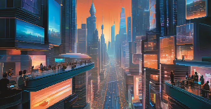 A vibrant futuristic city skyline at dusk with illuminated skyscrapers and people using smart devices.