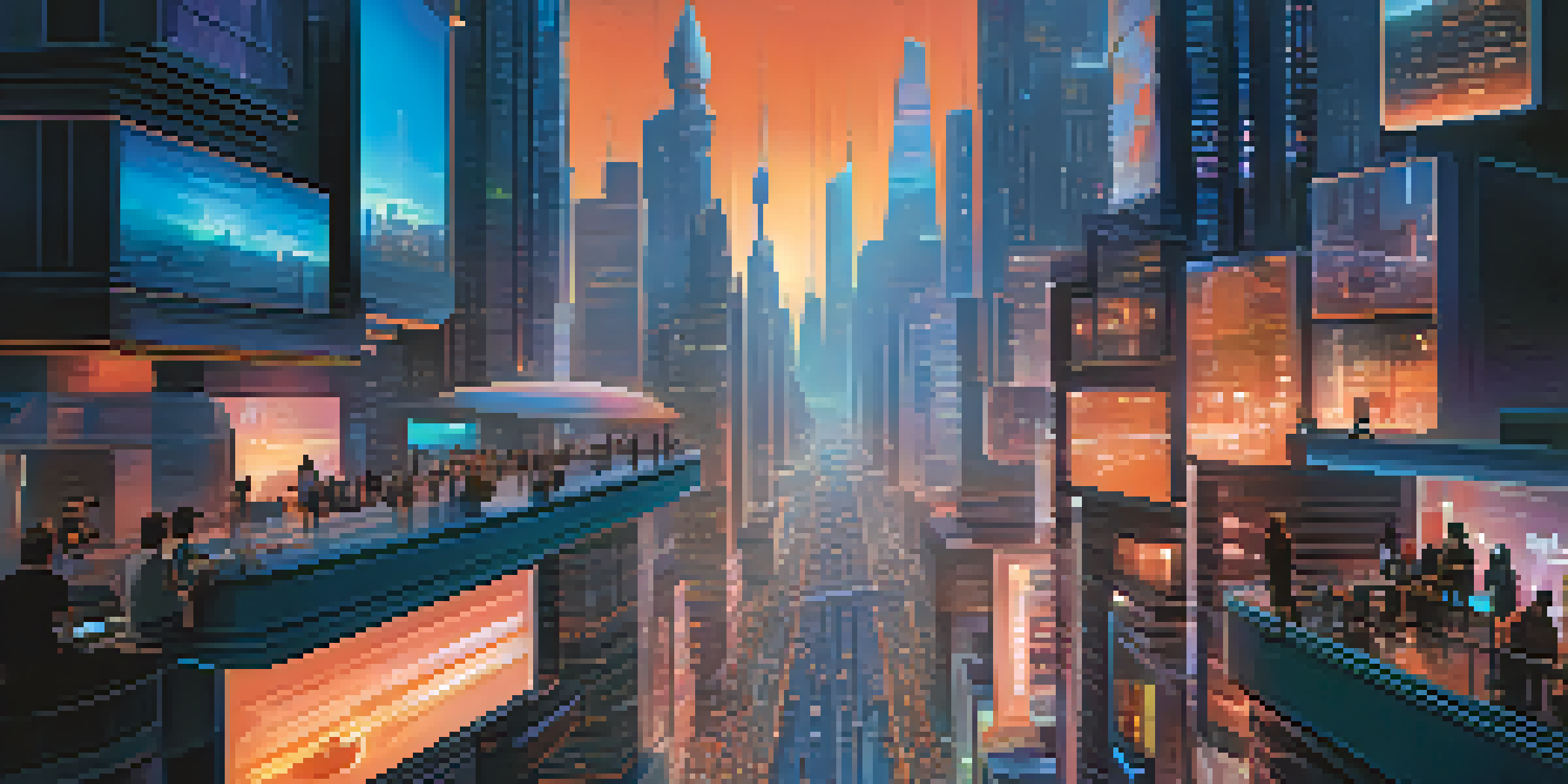 A vibrant futuristic city skyline at dusk with illuminated skyscrapers and people using smart devices.