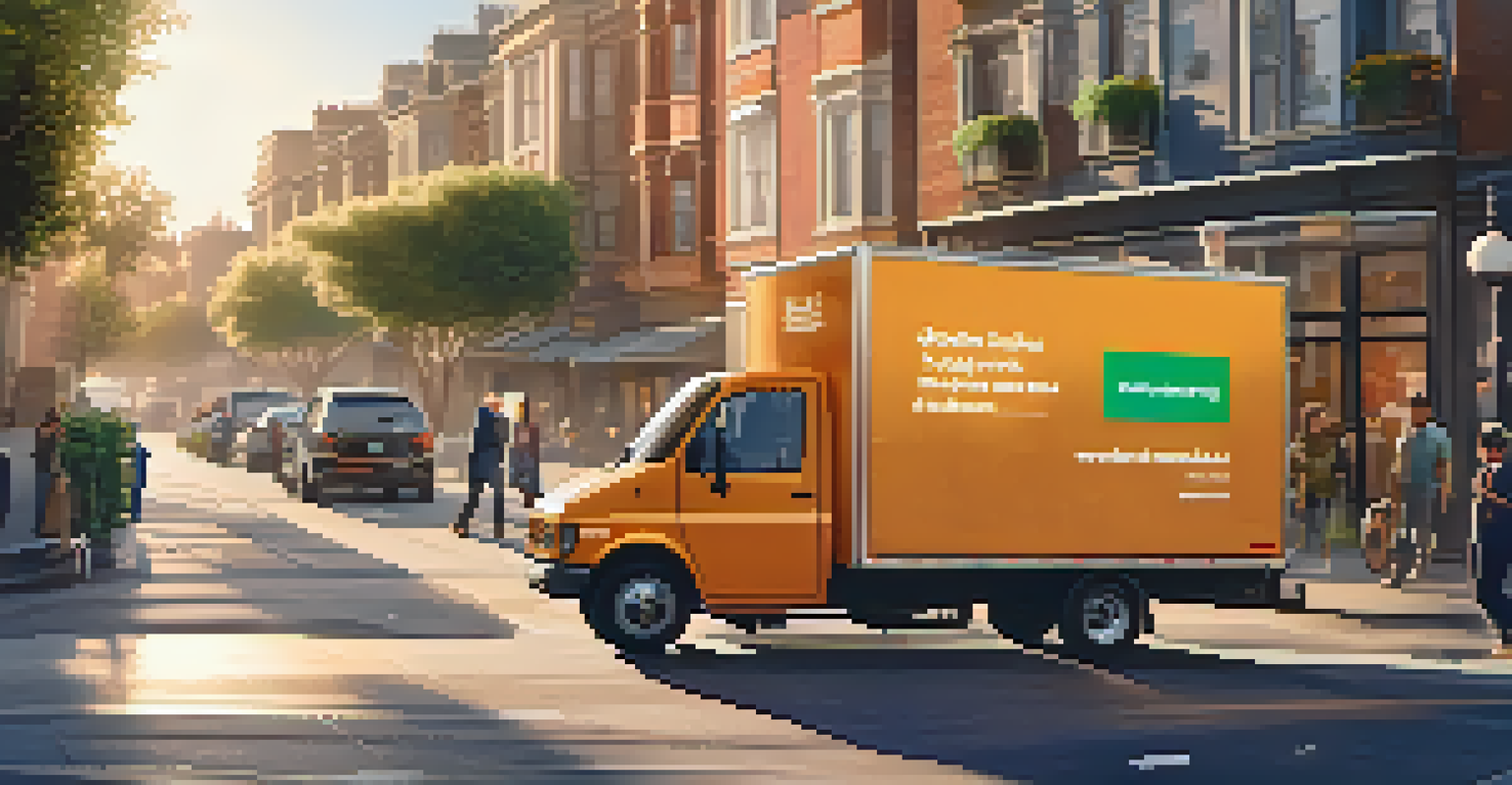 A delivery truck on a city street with a delivery person unloading packages, illuminated by the setting sun.