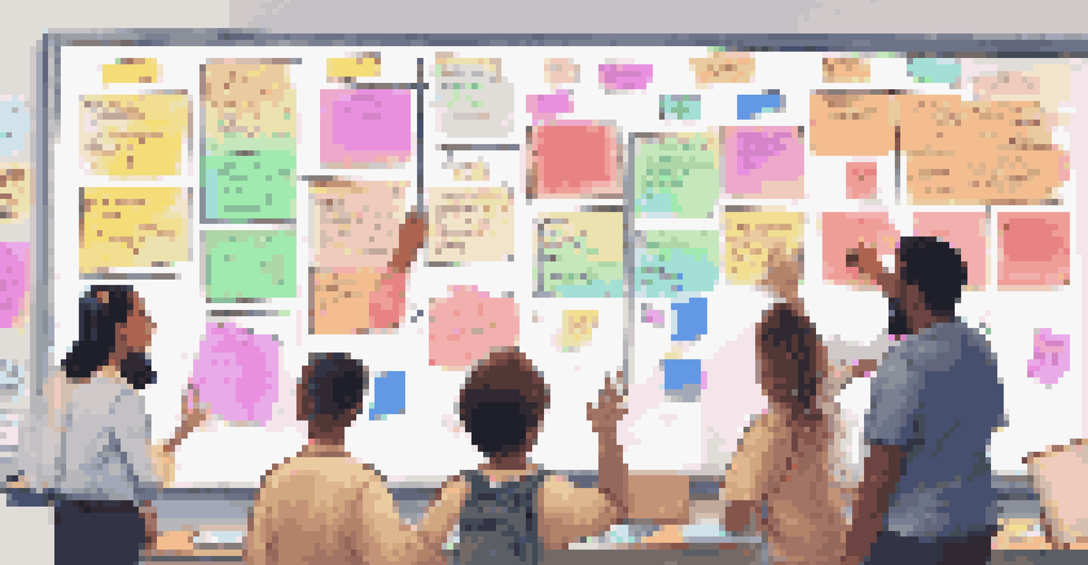 A teacher and students engaging with an interactive digital bulletin board filled with colorful notes and ideas.