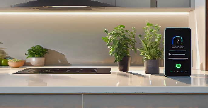 A digital twin of a smart home device displayed on a kitchen countertop, showcasing its components and sensors in a glowing state.