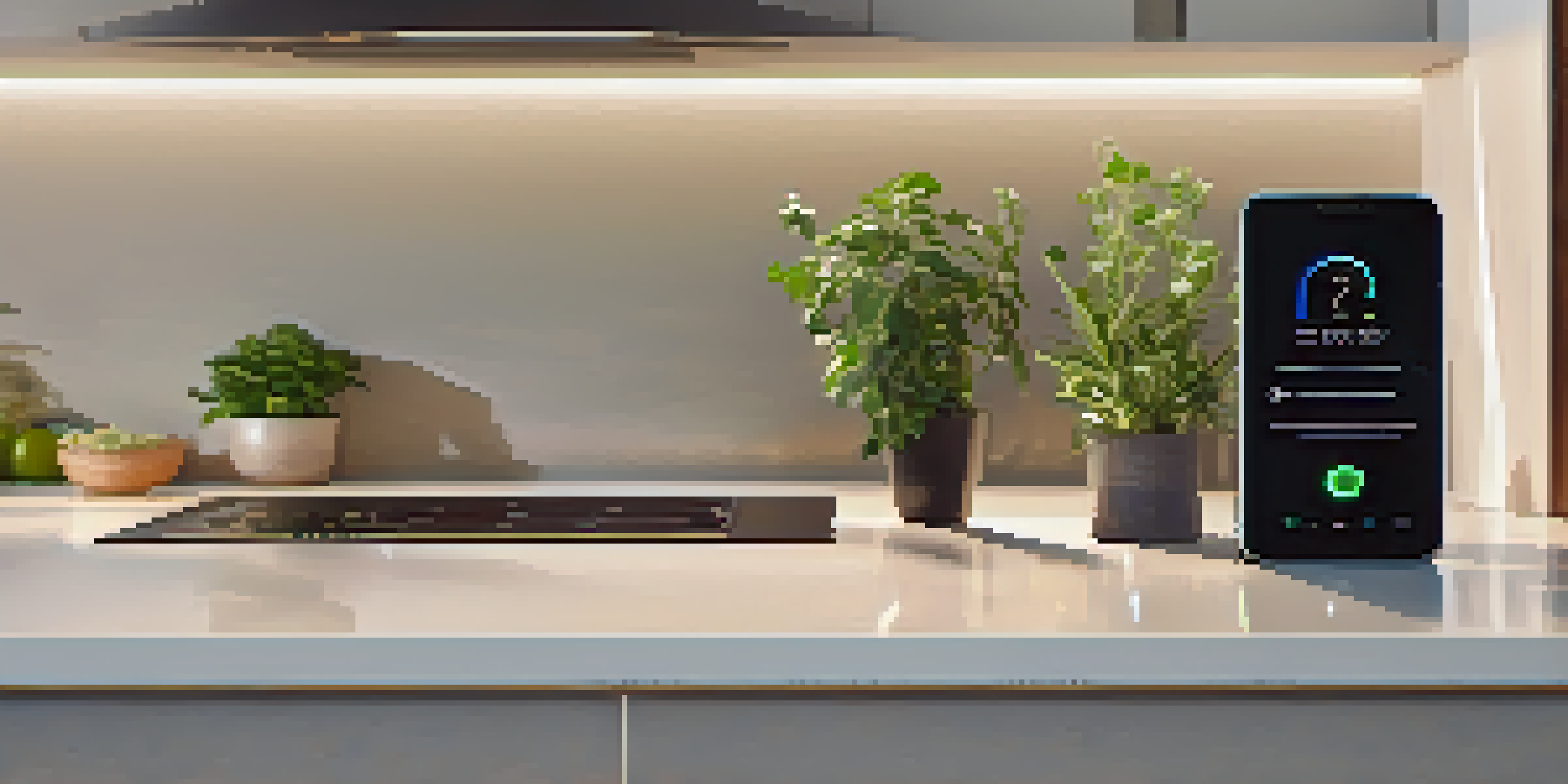 A digital twin of a smart home device displayed on a kitchen countertop, showcasing its components and sensors in a glowing state.