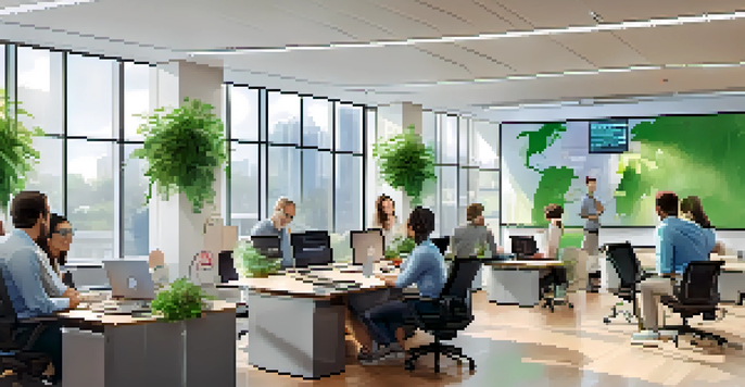 A diverse group of professionals in a bright office meeting room discussing microservices security, with a digital whiteboard and laptops on the table.