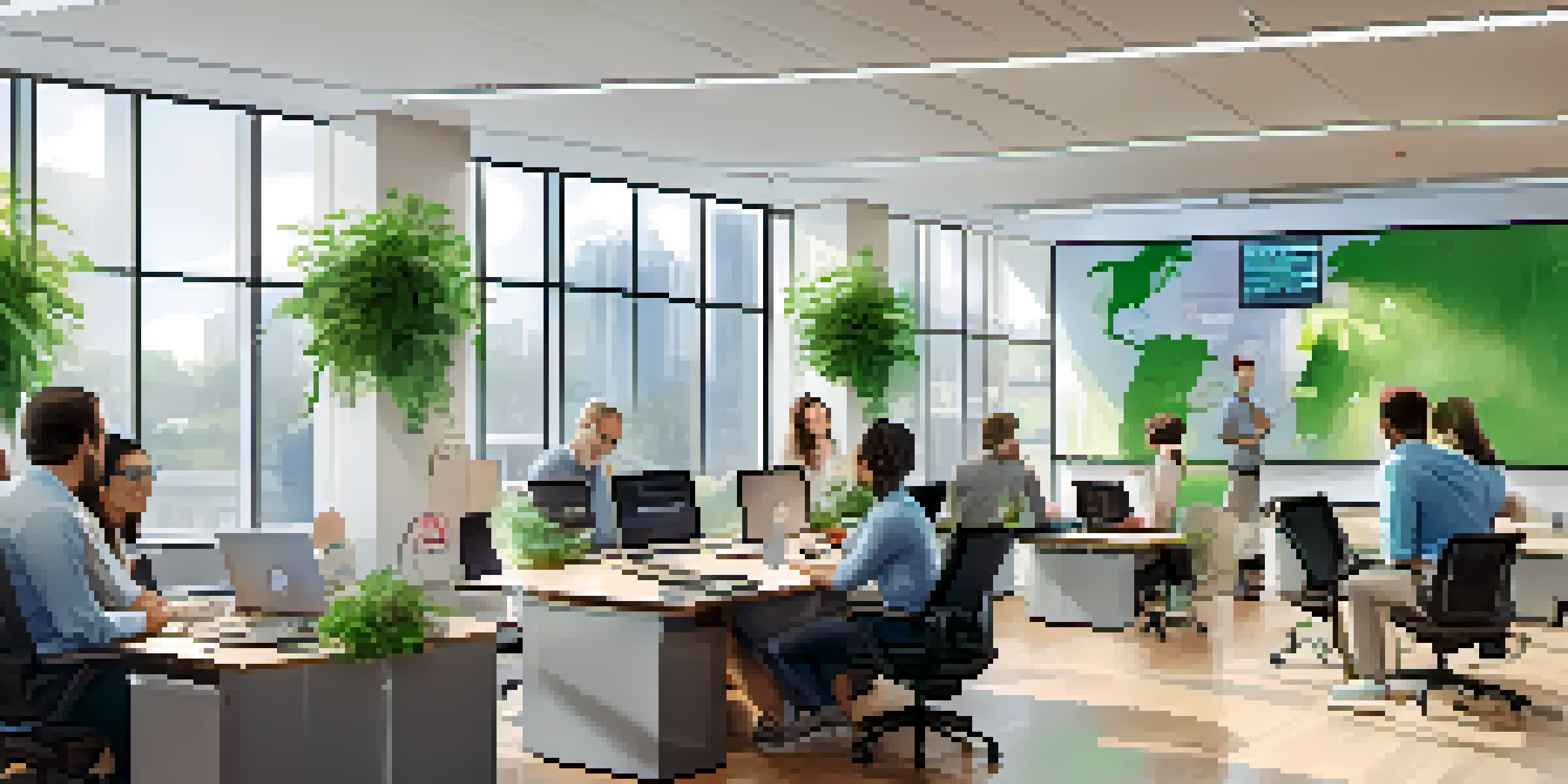 A diverse group of professionals in a bright office meeting room discussing microservices security, with a digital whiteboard and laptops on the table.