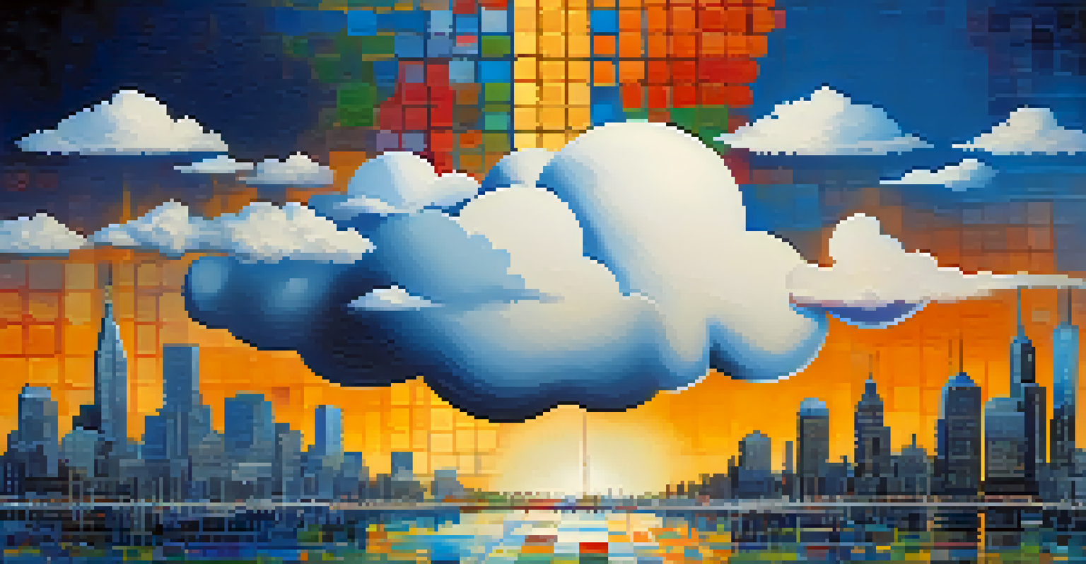 An abstract depiction of cloud analytics with clouds filled with binary code and colorful charts above a city skyline at sunset.